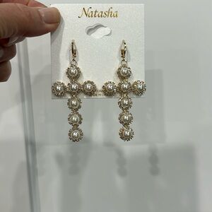Natasha NWT CZ Pearl Cross Earrings